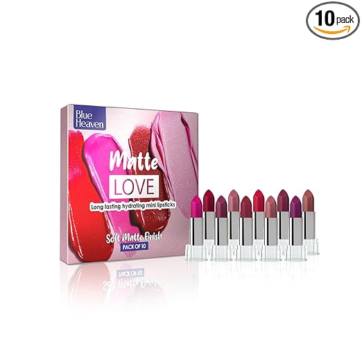 Blue Heaven Matte Love Mini Lipsticks pack of 10 | Long Lasting, Hydrating & Moisturizing Mini Roll on Lipsticks for Women | Soft-Matte Finish | 13g
